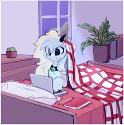 Size: 1791x1800 | Tagged: safe, artist:php146, oc, oc only, pony, bed, blanket, chest fluff, collar, computer, eye clipping through hair, female, horns, laptop computer, mare, solo
