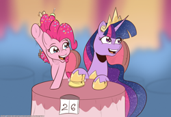 Size: 2550x1741 | Tagged: safe, artist:saturdaymorningproj, pinkie pie, twilight sparkle, alicorn, earth pony, pony, a trivial pursuit, g4, the last problem, bell, candy, crown, cute, diapinkes, ethereal mane, female, food, happy, hoof shoes, jewelry, lollipop, mare, older, older pinkie pie, older twilight, older twilight sparkle (alicorn), open mouth, princess twilight 2.0, regalia, rubber duck, teddy bear, twiabetes, twilight sparkle (alicorn)