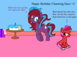 Size: 1622x1200 | Tagged: safe, artist:ngthanhphong, oc, oc only, oc:charming dazz, oc:ruby star, birthday, birthday gift, cake, colt, female, food, glasses, glasses off, jewelry, male, mare, necklace, scar, tongue out