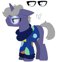 Size: 411x435 | Tagged: safe, artist:acuteexposure, oc, oc only, oc:cozy comet, pony, unicorn, icey-verse, clothes, ear piercing, earring, glasses, grumpy, heterochromia, jewelry, magical gay spawn, male, offspring, parent:silver script, parent:star bright, parents:starscript, piercing, planet, simple background, solo, stallion, sweater, transparent background, unamused