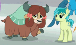 Size: 561x335 | Tagged: safe, screencap, gallus, sandbar, yona, earth pony, griffon, pony, yak, g4, the ending of the end, animated, bow, cloven hooves, cropped, female, gif, hair bow, holding hooves, lidded eyes, looking at each other, male, monkey swings, ship:yonabar, shipping, smiling, straight