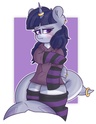 Size: 3011x3881 | Tagged: safe, artist:retro_hearts, oc, oc only, oc:sparkling whitefin, original species, shark, shark pony, bipedal, blushing, clothes, high res, jewelry, ring, shy, simple background, socks, striped socks, white background