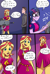 Size: 2250x3300 | Tagged: safe, artist:caiman2, sci-twi, sunset shimmer, twilight sparkle, oc, human, equestria girls, equestria girls specials, g4, my little pony equestria girls: spring breakdown, clothes, dialogue, female, giantess, glasses, hand in pocket, high res, hoodie, legs, lidded eyes, looking at you, looking down, macro, offscreen character, pockets, pov, raised eyebrows, shrink ray, shrinking, smiling, word bubble