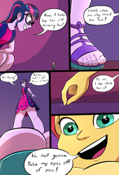 Size: 2250x3300 | Tagged: safe, artist:caiman2, sci-twi, sunset shimmer, twilight sparkle, oc, human, equestria girls, equestria girls specials, g4, my little pony equestria girls: spring breakdown, close-up, clothes, comic, dialogue, feet, female, fetish, giantess, glasses, high res, hoodie, legs, long sleeves, looking at you, looking down, looking down at you, looking up, macro, micro, sandals, shrunken, smiling, speech bubble, toenails, toes