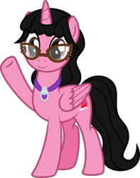Size: 4000x5067 | Tagged: safe, artist:melisareb, oc, oc only, oc:aaliyah, alicorn, pony, 2021 community collab, derpibooru community collaboration, aaliyah, absurd resolution, amulet, base used, female, glasses, jewelry, looking at you, mare, necklace, ponified, raised hoof, simple background, solo, transparent background, vector