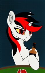 Size: 1600x2560 | Tagged: safe, artist:boo, derpibooru exclusive, oc, oc only, oc:blackjack, pony, unicorn, fallout equestria, fallout equestria: project horizons, g4, abstract background, alcohol, card, colored sclera, fanfic art, horn, small horn, solo, whiskey, wild pegasus, yellow sclera