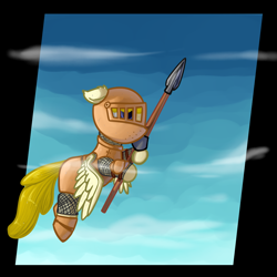 Size: 1200x1200 | Tagged: safe, artist:neuro, oc, oc only, oc:artemis sparkshower, pegasus, pony, fanfic:everyday life with guardsmares, armor, chainmail, cloud, everyday life with guardsmares, flying, pegasus oc, plate armor, royal guard, spear, weapon, wings