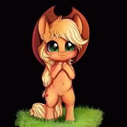 Size: 4000x4000 | Tagged: safe, artist:miokomata, applejack, earth pony, pony, g4, absurd resolution, belly button, bipedal, black background, chibi, cowboy hat, cute, female, grass, hat, jackabetes, mare, simple background, smiling, solo, stetson, weapons-grade cute