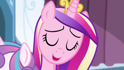 Size: 1280x720 | Tagged: safe, screencap, princess cadance, princess flurry heart, alicorn, pony, g4, the crystalling, eyes closed, female, mare, smiling, solo focus