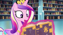 Size: 1280x720 | Tagged: safe, screencap, princess cadance, alicorn, pony, g4, the crystalling, book, bookshelf, female, library, magic, mare, solo, telekinesis