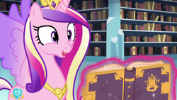 Size: 1280x720 | Tagged: safe, screencap, princess cadance, alicorn, pony, g4, season 6, the crystalling, book, bookshelf, cute, cutedance, female, library, magic, mare, solo, telekinesis