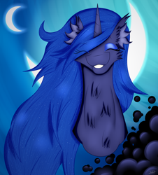 Size: 1942x2146 | Tagged: safe, artist:thebenalpha, princess luna, alicorn, pony, g4, chest fluff, ear fluff, eyes closed, grin, makeup, moon, smiling, smiling at you