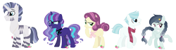 Size: 1884x532 | Tagged: safe, artist:strawberry-spritz, oc, oc only, earth pony, hybrid, pegasus, pony, unicorn, zony, female, male, mare, parent:cherry jubilee, parent:coco pommel, parent:coloratura, parent:daring do, parent:double diamond, parent:nightmare moon, parent:shining armor, parent:starlight glimmer, parent:zecora, parents:cocodiamond, parents:shiningcora, simple background, stallion, transparent background