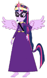 Size: 365x597 | Tagged: safe, artist:loomytyranny, edit, edited screencap, screencap, sci-twi, twilight sparkle, alicorn, equestria girls, g4, 1000 hours in ms paint, barefoot, clothes, crown, dress, eared humanization, equestria, feet, glasses, horn, horned humanization, jewelry, monarch, ponied up, regalia, winged humanization, wings