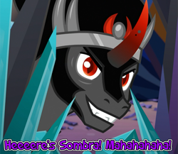 Size: 885x768 | Tagged: safe, edit, edited screencap, screencap, king sombra, pony, unicorn, g4, the beginning of the end, antagonist, caption, crown, crystal, curved horn, evil, evil smirk, funny, grin, horn, image macro, jewelry, male, reference, regalia, sadism, sharp teeth, slit pupils, smiling, smirk, solo, stallion, teeth, text, the shining
