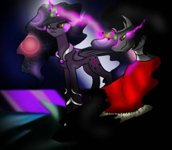 Size: 684x600 | Tagged: safe, artist:dominodonnia1, king sombra, twilight sparkle, alicorn, pony, umbrum, unicorn, g4, armor, bevor, black background, boots, cape, chestplate, clothes, color change, colored horn, colored sclera, corrupted, corrupted twilight sparkle, criniere, croupiere, crown, cuirass, curved horn, dark, dark equestria, dark magic, dark queen, dark twilight, dark twilight sparkle, dark world, darkened coat, darkened hair, darklight, darklight sparkle, ethereal hair, evil twilight, fauld, female, glowing horn, gorget, greaves, green sclera, helmet, hoof shoes, horn, jewelry, magic, male, necklace, pauldron, peytral, plackart, possessed, possession, queen twilight, queen twilight sparkle, regalia, robe, ship:twibra, shipping, shoes, simple background, sombra empire, sombra eyes, sombra's cape, sombra's horn, sombra's robe, straight, tiara, twilight is anakin, twilight sparkle (alicorn), tyrant sparkle, wavy hair