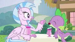 Size: 1920x1080 | Tagged: safe, edit, edited screencap, screencap, silverstream, spike, dragon, hippogriff, dragon dropped, g4, cherry, feeding, female, food, male, ship:spikestream, shipping, straight