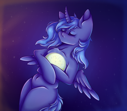 Size: 800x700 | Tagged: safe, artist:saltyvity, princess luna, alicorn, pony, semi-anthro, g4, my little pony: friendship is forever, arm hooves, belly button, blushing, eyes closed, hug, moon, s1 luna, tangible heavenly object