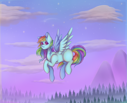 Size: 990x800 | Tagged: safe, artist:saltyvity, rainbow dash, pegasus, pony, g4, :3, flying, missing cutie mark, scenic background, solo, starry eyes, stars, wingding eyes