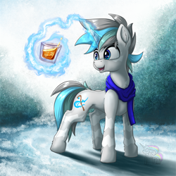 Size: 800x800 | Tagged: safe, artist:calena, oc, oc only, oc:whitefrost, pony, unicorn, adorable face, alcohol, bush, clothes, cold, cute, ice, scarf, snow, solo, whiskey
