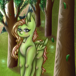 Size: 900x900 | Tagged: safe, artist:saltyvity, oc, oc only, pegasus, pony, anatomically incorrect, big ears, complex background, ear piercing, earring, forest, full color, incorrect leg anatomy, jewelry, long mane, looking at you, outdoors, piercing, solo, standing