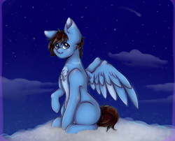 Size: 990x800 | Tagged: safe, artist:saltyvity, oc, oc only, pegasus, pony, :3, chest fluff, cloud, looking at you, night, on a cloud, raised hoof, sitting, solo, stars