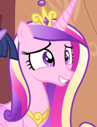 Size: 996x1303 | Tagged: safe, screencap, princess cadance, twilight sparkle, alicorn, pony, g4, three's a crowd, awkward smile, cropped, crown, female, golden oaks library, jewelry, mare, regalia, smiling, solo focus