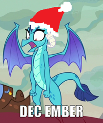 Size: 398x472 | Tagged: safe, edit, edited screencap, screencap, clump, princess ember, dragon, g4, sweet and smoky, 1000 hours in ms paint, angry, christmas, cropped, december, dragoness, female, hat, holiday, male, name pun, open mouth, pun, santa hat, shrunken pupils, solo focus