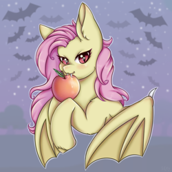 Size: 900x900 | Tagged: safe, artist:saltyvity, fluttershy, bat, bat pony, pony, g4, apple, bat ponified, female, flutterbat, food, looking at you, mare, race swap, wings