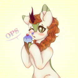 Size: 900x900 | Tagged: source needed, safe, artist:saltyvity, autumn blaze, kirin, g4, bipedal, blush sticker, blushing, bust, female, food, hoof hold, ice cream, ice cream on nose, one eye closed, oops, open mouth, solo, speech bubble, three quarter view