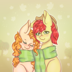 Size: 900x900 | Tagged: safe, artist:saltyvity, bright mac, pear butter, earth pony, pony, g4, autumn, clothes, cowboy hat, duo, female, hat, love, male, mare, scarf, shared clothing, shared scarf, ship:brightbutter, shipping, stallion, straight