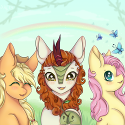 Size: 900x900 | Tagged: safe, artist:saltyvity, applejack, autumn blaze, fluttershy, butterfly, earth pony, kirin, pegasus, pony, g4, applejack's hat, awwtumn blaze, cowboy hat, cute, eyes closed, female, hat, jackabetes, looking at you, looking up, mare, shyabetes