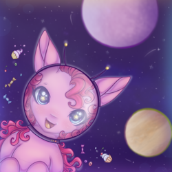 Size: 900x900 | Tagged: safe, artist:saltyvity, pinkie pie, earth pony, pony, g4, candy, cupcake, food, planet, solo, space, starry eyes, stars, wingding eyes