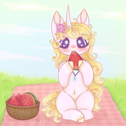 Size: 900x900 | Tagged: safe, artist:saltyvity, oc, oc only, pony, unicorn, female, flower, flower in hair, food, herbivore, mare, picnic, solo, watermelon