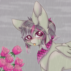 Size: 900x900 | Tagged: safe, artist:saltyvity, oc, oc only, bat pony, pony, female, flower, looking at you, mare, rain, rose, sad, tongue out