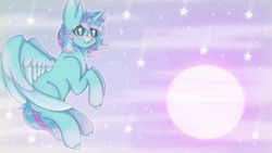 Size: 1920x1080 | Tagged: safe, artist:saltyvity, oc, oc only, alicorn, pony, female, flying, mare, moon, solo, stars, tongue out, wings