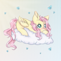Size: 900x900 | Tagged: safe, artist:saltyvity, fluttershy, butterfly, pegasus, pony, g4, abstract background, blushing, cloud, cute, female, folded wings, looking at you, lying down, lying on a cloud, mare, missing cutie mark, on a cloud, prone, shy, shyabetes, solo, stray strand, wings