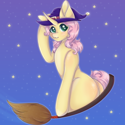 Size: 900x900 | Tagged: safe, artist:saltyvity, fluttershy, pony, unicorn, g4, cute, female, hat, mare, race swap, shyabetes, solo, stars, unicorn fluttershy, witch, witch hat