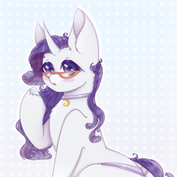 Size: 1000x1000 | Tagged: safe, artist:saltyvity, rarity, pony, unicorn, g4, bell, bell collar, blush sticker, blushing, cat bell, clothes, collar, female, glasses, mare, open mouth, panties, raised hoof, solo, underwear