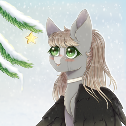 Size: 1000x1000 | Tagged: safe, artist:saltyvity, oc, oc only, pegasus, pony, blush sticker, blushing, choker, female, freckles, makeup, mare, running makeup, solo, stars, winter