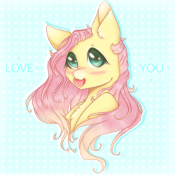 Size: 1000x1000 | Tagged: safe, artist:saltyvity, fluttershy, pegasus, pony, g4, blush sticker, blushing, bust, chest fluff, cute, ear fluff, female, heart, looking at you, love, mare, mouth hold, portrait, shyabetes, smiling, solo, three quarter view