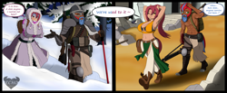 Size: 5100x2100 | Tagged: safe, artist:ponyecho, oc, oc:nell clearfield, oc:northern shield, earth pony, anthro, plantigrade anthro, armor, axe, beard, bikini, chaps, clothes, coat, cold, desert, facial hair, female, gun, hot, intersex, irony, male, muscles, muscular female, partial nudity, rifle, ruins, scar, snow, speech bubble, sweat, swimsuit, text, topless, tree, tundra, weapon, winter outfit