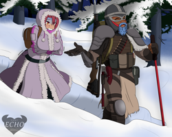 Size: 2500x2000 | Tagged: safe, artist:ponyecho, oc, oc:nell clearfield, oc:northern shield, anthro, armor, axe, beard, clothes, coat, cold, facial hair, gun, helmet, high res, intersex, male, rifle, snow, textless version, tree, tundra, walking stick, weapon, winter outfit