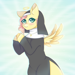 Size: 1000x1000 | Tagged: safe, artist:saltyvity, fluttershy, angel, pegasus, pony, g4, bipedal, blush sticker, blushing, colored hooves, cross, cross necklace, eyelashes, flutternun, green eyes, habit, halo, innocent, jewelry, looking at you, necklace, nun, nun outfit, pink hair, praying, side slit, spread wings, thighs, wide hips, wings, yellow coat