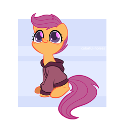 Size: 2500x2500 | Tagged: safe, artist:syrupyyy, scootaloo, pegasus, pony, g4, clothes, colored pupils, cute, cutealoo, female, filly, high res, hoodie, looking up, simple background, sitting, smiling, solo
