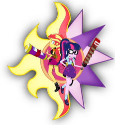 Size: 1527x1654 | Tagged: safe, artist:jcpreactyt, sci-twi, sunset shimmer, twilight sparkle, equestria girls, g4, clothes, cutie mark, duo, duo female, energy weapon, female, lesbian, school uniform, ship:sci-twishimmer, ship:sunsetsparkle, shipping, shirt, shoes, simple background, skirt, transparent background, weapon