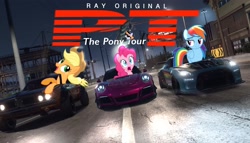Size: 3000x1710 | Tagged: safe, artist:musical ray, applejack, pinkie pie, rainbow dash, earth pony, pegasus, pony, g4, car, dodge charger, need for speed, night, nissan gt-r, porsche 911, the grand tour