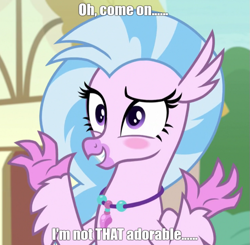 Size: 613x600 | Tagged: safe, edit, edited screencap, screencap, silverstream, hippogriff, g4, uprooted, blatant lies, blushing, caption, cute, cutest hippogriff alive, diastreamies, i'm not cute, image macro, jewelry, liar, meme, necklace, smiling, solo, text