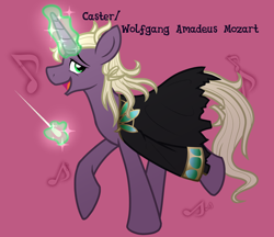 Size: 2200x1900 | Tagged: safe, artist:geraritydevillefort, pony, unicorn, aura, baton, clothes, coat, conductor's baton, eyebrows, fate/grand order, glowing, glowing horn, green eyes, horn, looking at you, magic, mane, music notes, open mouth, ponified, simple background, solo, tail, text, wolfgang amadeus mozart