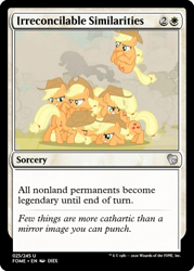 Size: 375x523 | Tagged: safe, edit, applejack, a canterlot wedding, g4, applejack's hat, cannonball, ccg, cowboy hat, disguise, disguised changeling, dust cloud, hat, magic the gathering, pile, pony pile, trading card, trading card edit